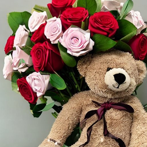 Teddybär mit Blumenbouquet